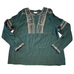 J.Jill Womens Teal Embroidered Long Sleeve Blouse L Boho tunic Large